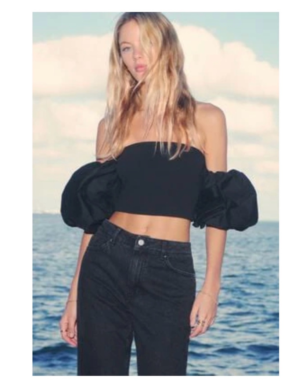 Dynamite Black Off-Shoulder Puff Sleeve Crop Top